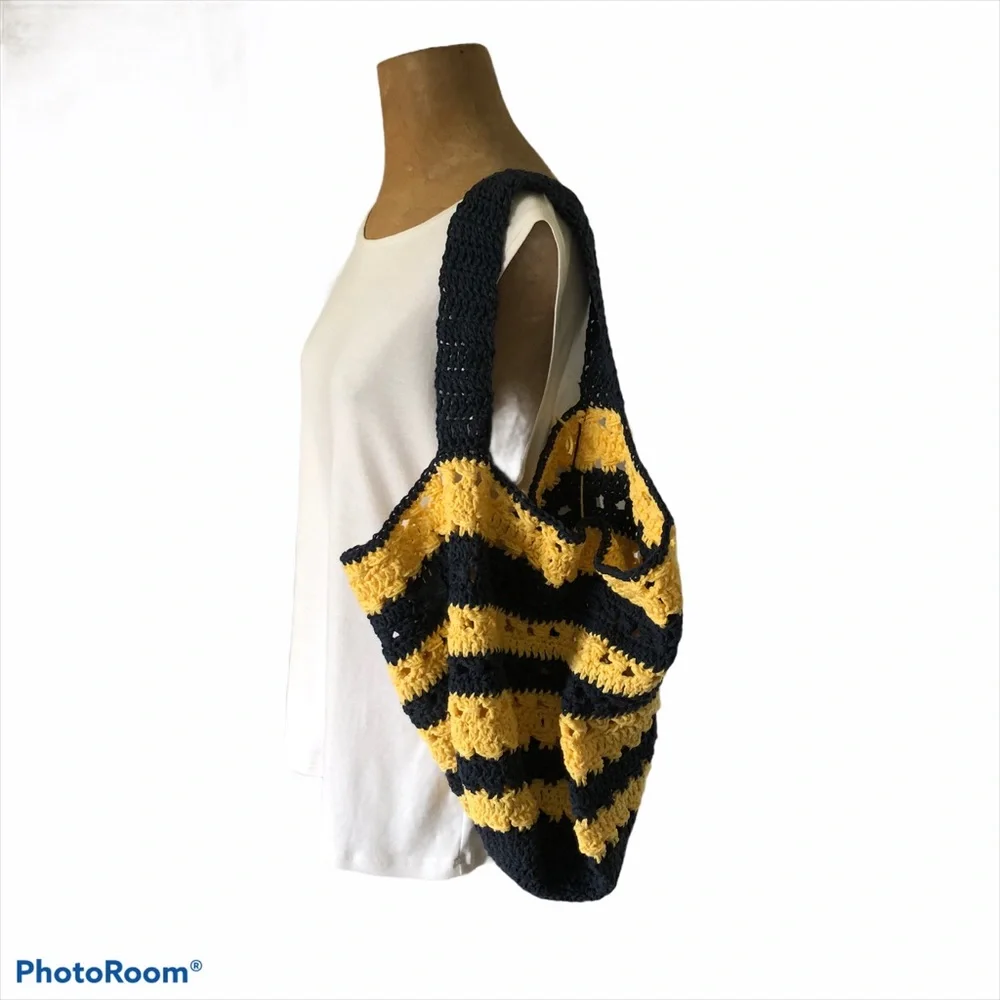 Handmade Crochet Tote Indigo Yellow Stripes